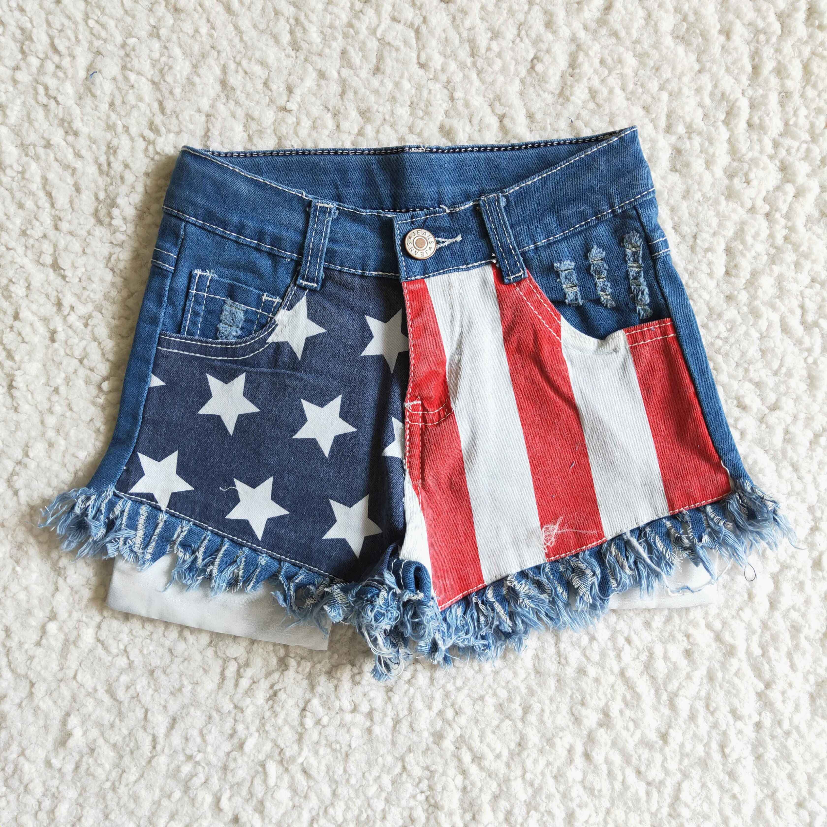 NC0003  kids July 4th clothes girl denim shorts