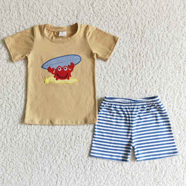 BSSO0003 Boys Summer Clothing Short Sleeve Embroidery Top With Stripe Shorts Kids Boutique Outfits