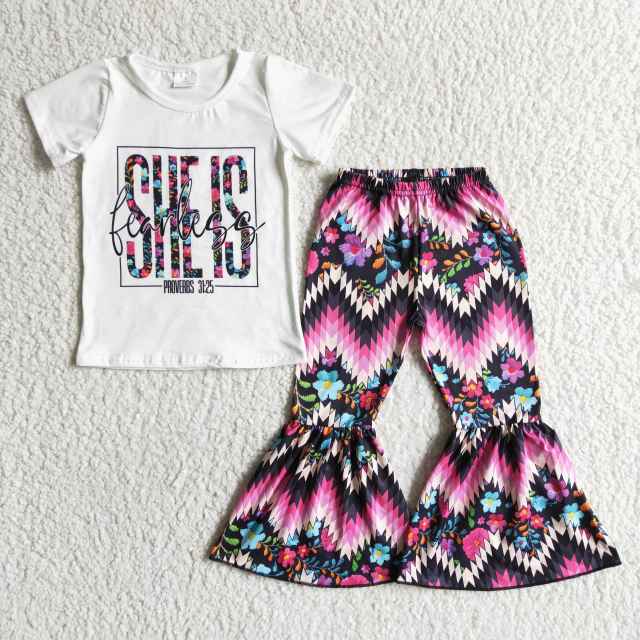 GSPO0041 Baby Girl Boutique Clothes Letter Print Top With Bell Bottom Pants Kids Spring Fall Set