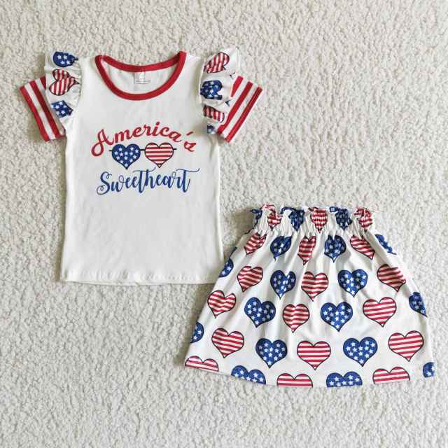 GSSO0051 Toddler Girl Boutique Outfits Short Sleeve Top And Skirt Kids 2 Piece Set Baby 4Th Of July Clothes