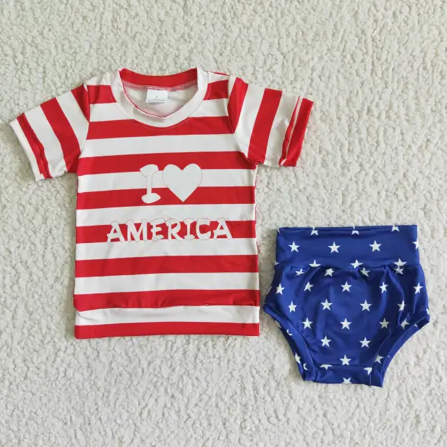 GBO0018 Toddler Girl Outfits Stripe Top With Shorts Kids Summer Clothes Independence Day July 4th Set