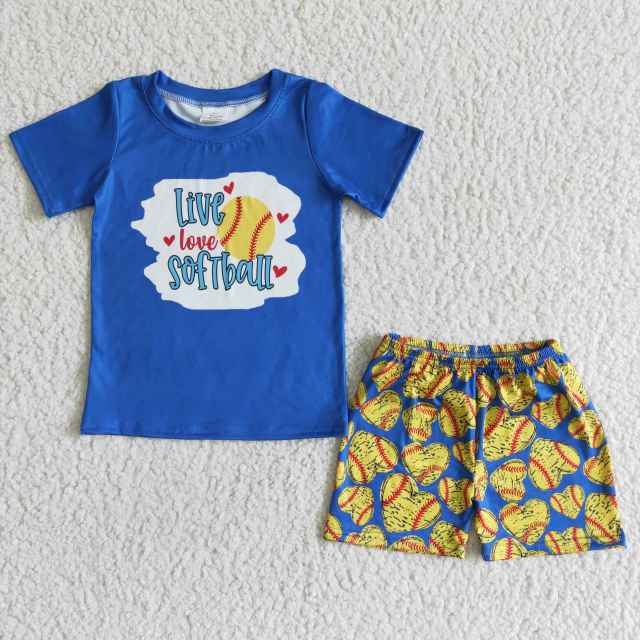 BSSO0020 Baby Boy Clothes Blue Letter Print Top With Shorts Baseball Set Kids Summer Outfits