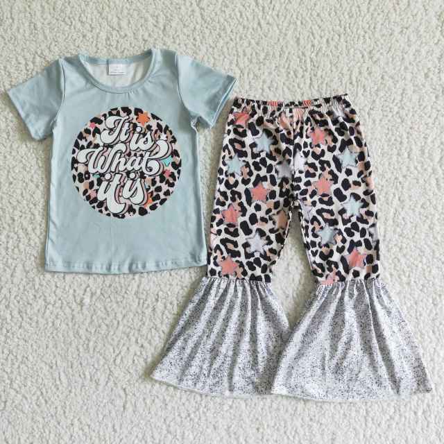 GSPO0002 Girl Summer Clothes Short Sleeve Letter Print Top With Bell Bottom Pants Kids Boutique Set