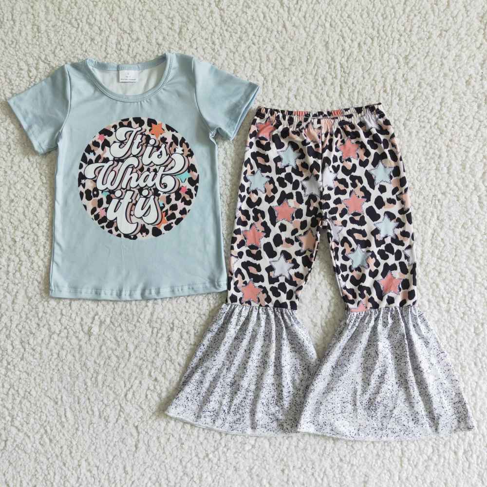 GSPO0002 Blue Short Sleeve Top Milk Star Flared Pants Suit