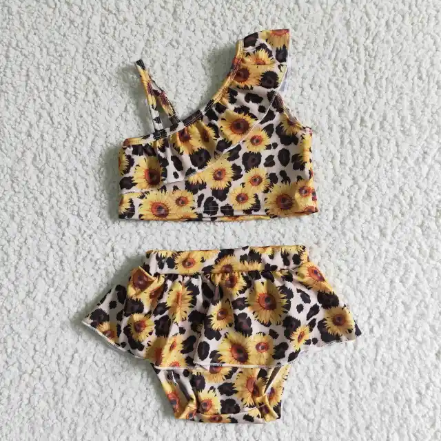 S0019 Baby Bathing Suit For Girls Sunflower Print Kids Summer Swimsuit Material Swimwear Set