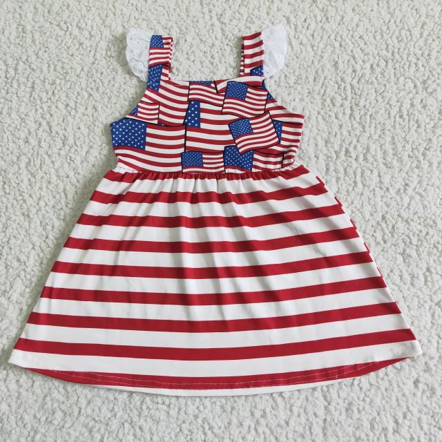 GSD0042 4th Of July Clothes Lace Flutter Sleeve Flag Print And Stripe Kids Girl Summer Dress