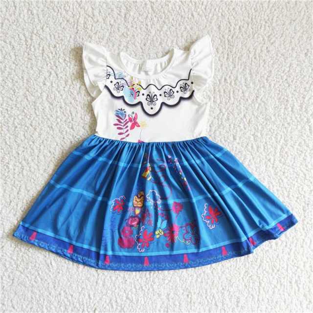 C4-30 Baby Girl Print Blue Flying Sleeve Dress