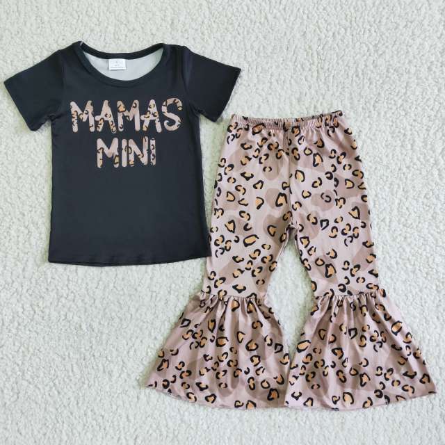GSPO0038 Girl Summer Clothes Short Sleeve Letter Print Top With Bell Bottom Pants Kids Boutique Set