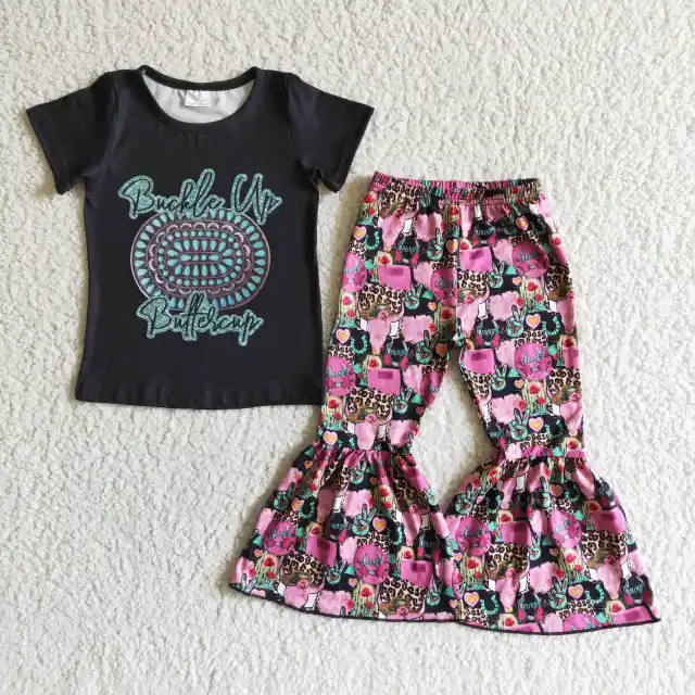 GSPO0039  Girl Clothes  Short Sleeve Letter Print Top With Bell Bottom Pants Kids Boutique Set