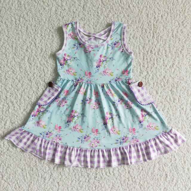 GSD0051 Baby Girl Dresses Sleeveless Flower Print With Button And Pocket Kids Summer Clothes