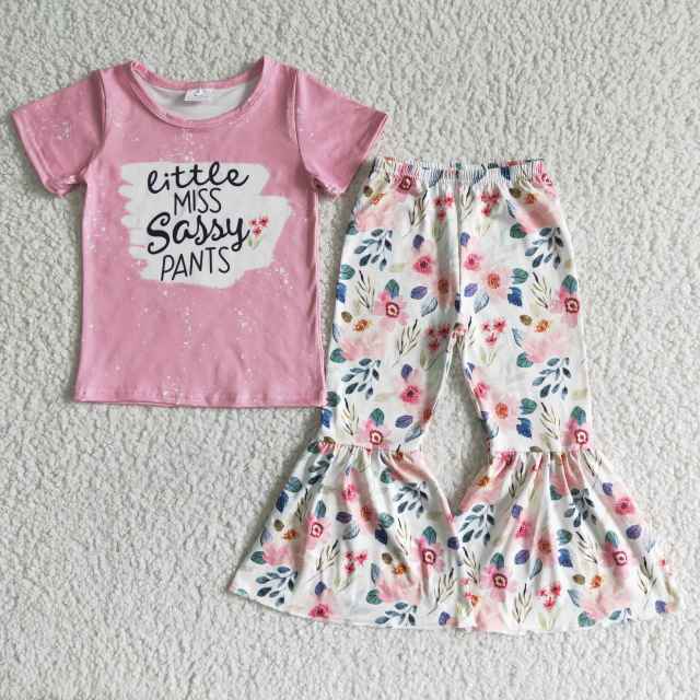 GSPO0062 Girl Spring Clothes Short Sleeve Letter Print Top With Bell Bottom Pants Kids Boutique Set