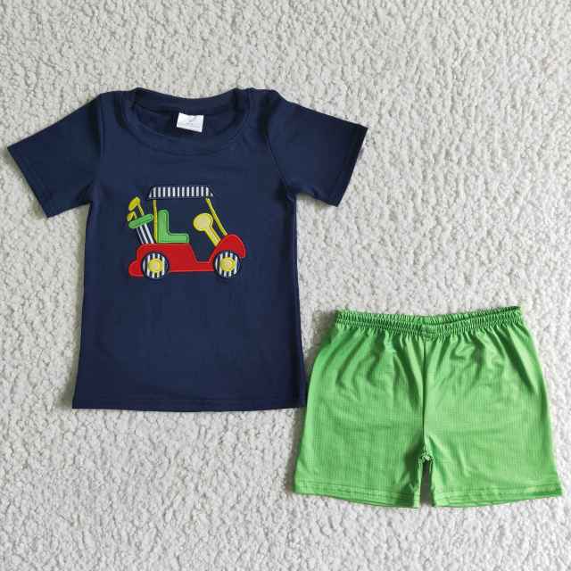 BSSO0030 Baby Boy Clothes Navy Blue Embroidery Top With Green Shorts 2 Pieces Kids Summer Set