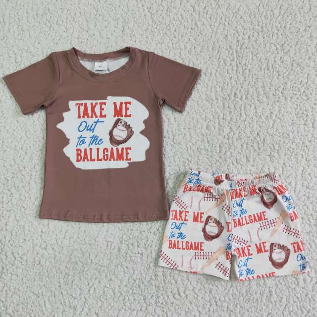 BSSO0023 Kids Boys Outfits Short Sleeve Brown Top With Baseball Shorts 2 Pieces Set Baby SUmmer Outfits