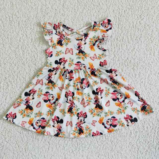 GSD0048 Children Dresses Flutter Sleeve Milk Silk Cartoon Girl Summer Clothes