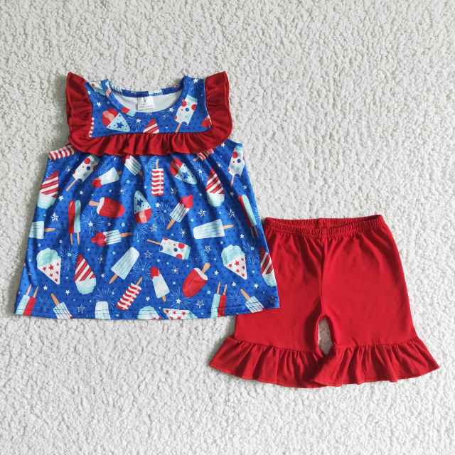 GSSO0044 Baby Girls Clothes Flutter Sleeve Top With Red Cotton Shorts July 4Th Set Kids Toddler Summer Outfits