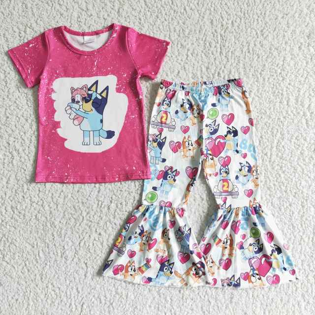 GSPO0066 Girl Spring Clothes Short Sleeve Cartoon Print Top With Bell Bottom Pants Kids Boutique Set