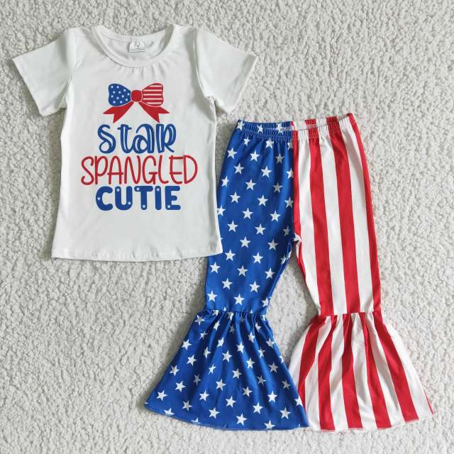 NC0006 Girl July 4th Clothes  Short Sleeve Letter Print Top With Bell Bottom Pants Kids Boutique Set