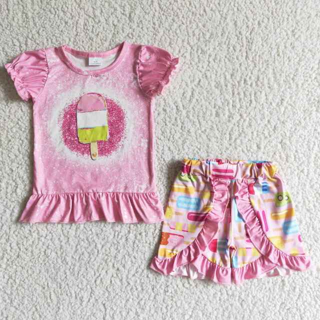 C10-26 Kids Girl Summer Clothes Ruffle Sleeve Popsicle Print Top With Shorts Children Summer Set