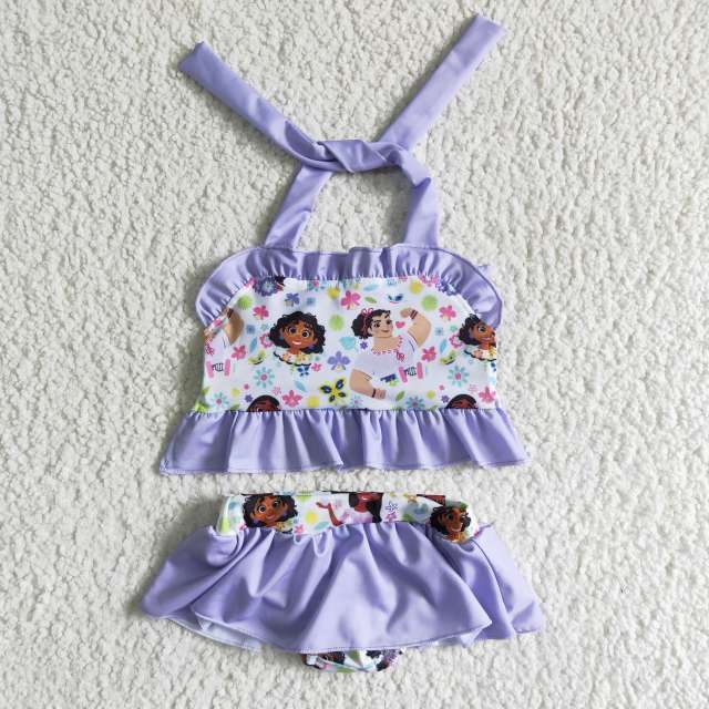 S0006  Kids Summer Clothes Sleeveless Top With Shorts Cartoon Print  Toddler Girl Swimsuits