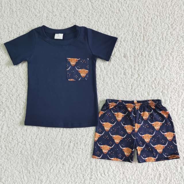 BSSO0035  Kids Clothes Boys Navy Top With Cow Print Shorts Summer Outfits