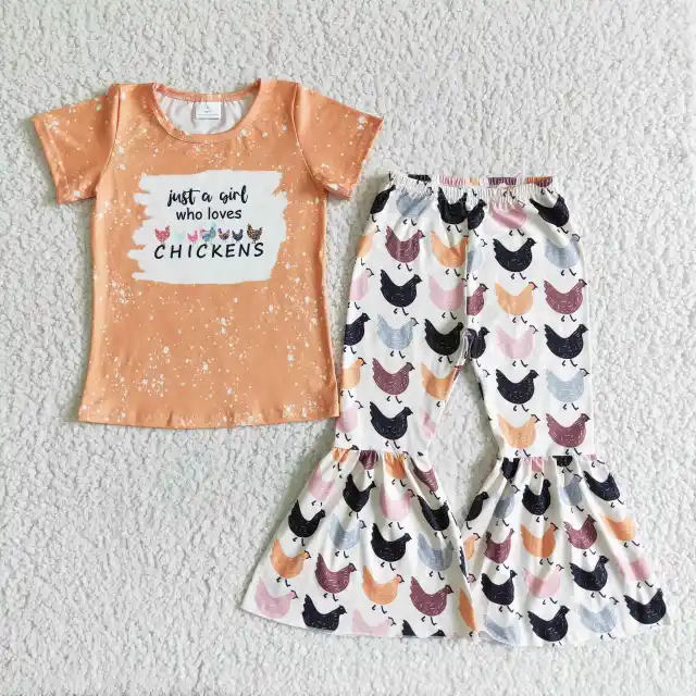 A2-9 Girl Farm Clothes Short Sleeve Top With Bell Bottom Pants Kids Outfits