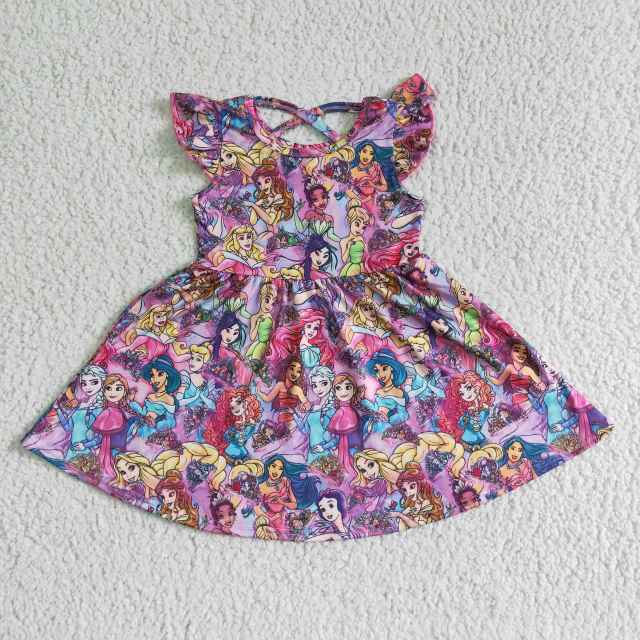 GSD0049 Children Girl Dresses Flutter Sleeve Milk Silk Cartoon Summer Clothes