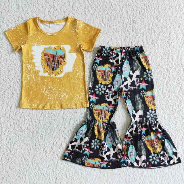 GSPO0025  Girl  Boutique Clothes Short Sleeve Top With Bell Bottom Pants Kids Boutique Set
