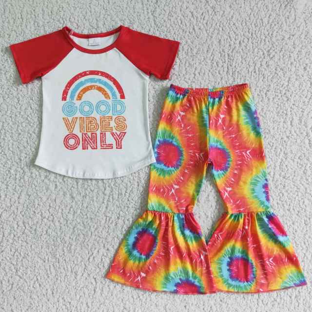 B14-15 Kids Summer 2 Piece Outfit Rainbow And Letter Print Top With Tie Dye Bell Bottom Pants Baby Girl Set
