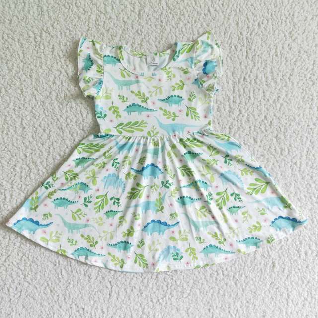 A0-9 Kids Summer Dress Twirl Flutter Sleeve Dinosaur Print Milk Silk Toddler Clothes