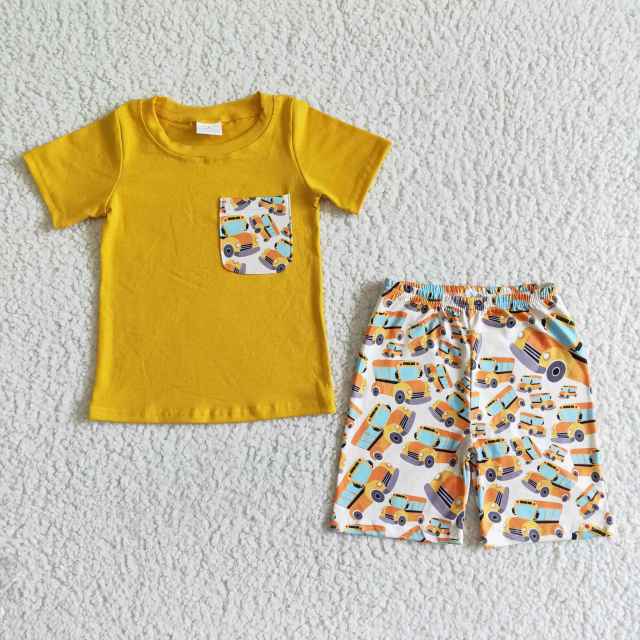 BSSO0041 Kids Clothes Boys Bus Print 2 Pieces  Summer Outfits