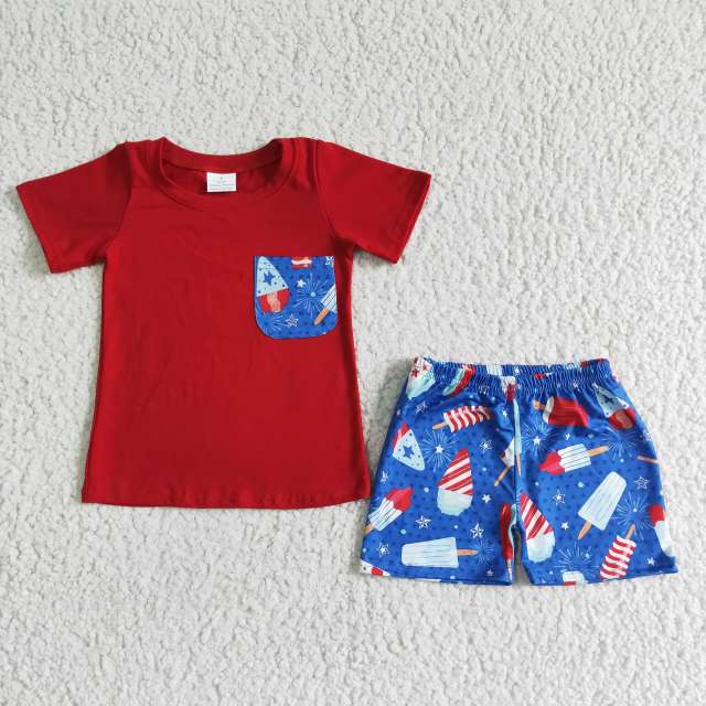 BSSO0025 Kids July 4Th Clothes Boys Red Top With Shorts 2 Pieces  Summer Outfits