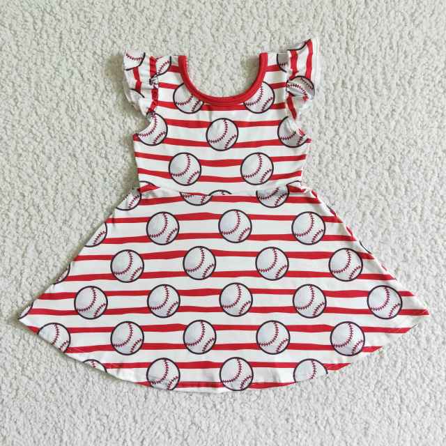 GSD0083  Kids Summer Dress Twirl Flutter Sleeve  Baseball Print Milk Silk Toddler Clothes