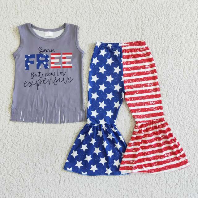 GSPO0050 baby girl set short sleeve  tassel top with bell bottom pants kids July 4th clothes