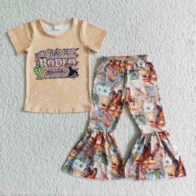 GSPO0022  Kids girl set short sleeve top with bell bottom pants children boutique outfits