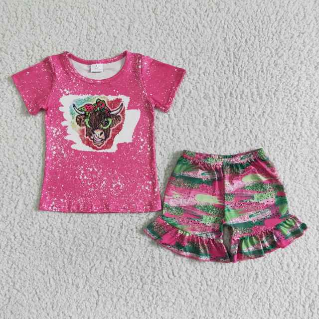 GSSO0074 Girl Summer Clothes Cow Print  2 Pieces Kids Boutique Outfits