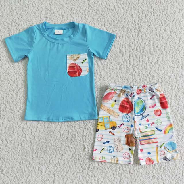 BSSO0071 Kids Back To School Clothes Short Sleeve Top With Shorts 2 Pieces  Summer Outfits