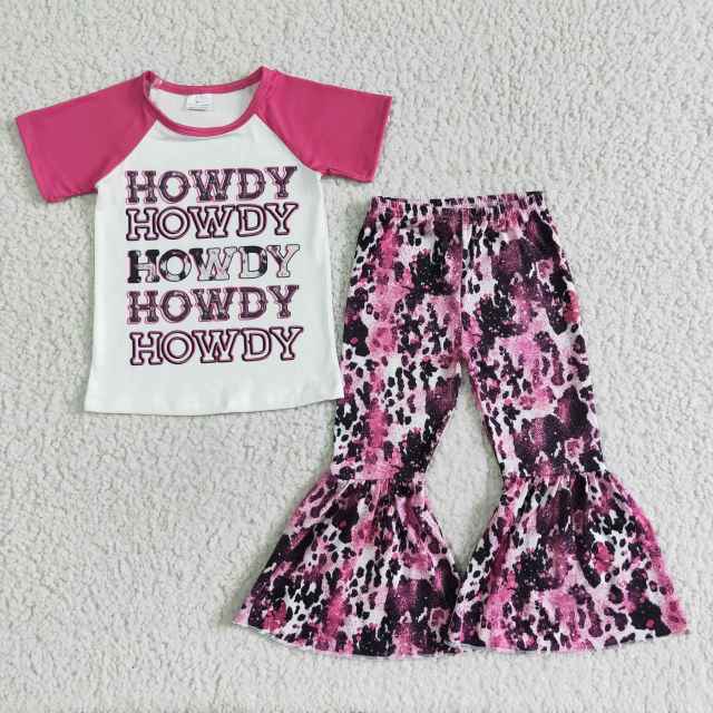 GSPO0018 Kids girl set short sleeve top with bell bottom pants  letter print children boutique outfits