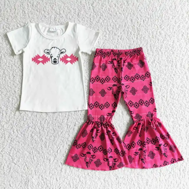GSPO0049 Kids girl set short sleeve top with bell bottom pants cow print children boutique outfits