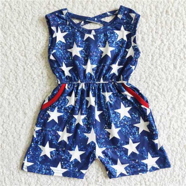 SR0028 Kids July 4Th Clothes Girls Star Print Summer Romper