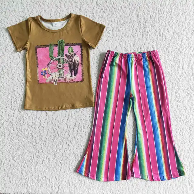 GSPO0069 Kids girl set short sleeve top with bell bottom pants 2 pieces boutique outfits