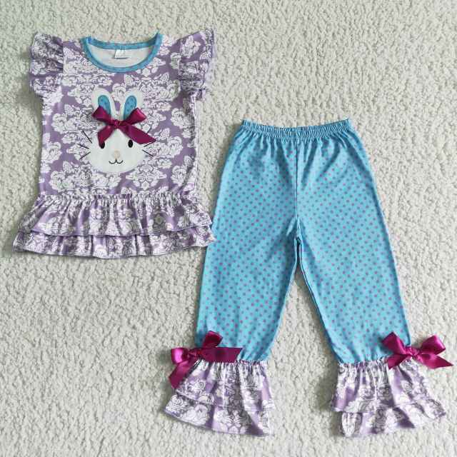 A0-1 Baby Girl Clothes Rabbit Purple Short Sleeve Blue Polka Dot Bow Flared Pants Set
