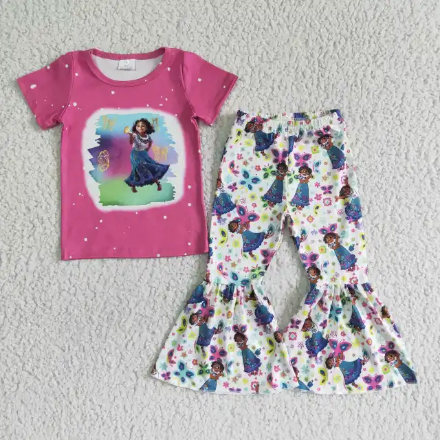 GSPO0067 Kids girl set short sleeve top with bell bottom pants 2 pieces boutique outfits