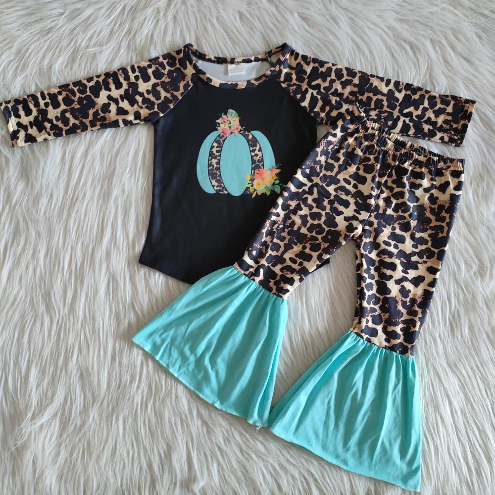 6 A13-5 Blue Pumpkin Long Sleeve Top Leopard Print Flared Pants Outfit Clothes For Kids Girls