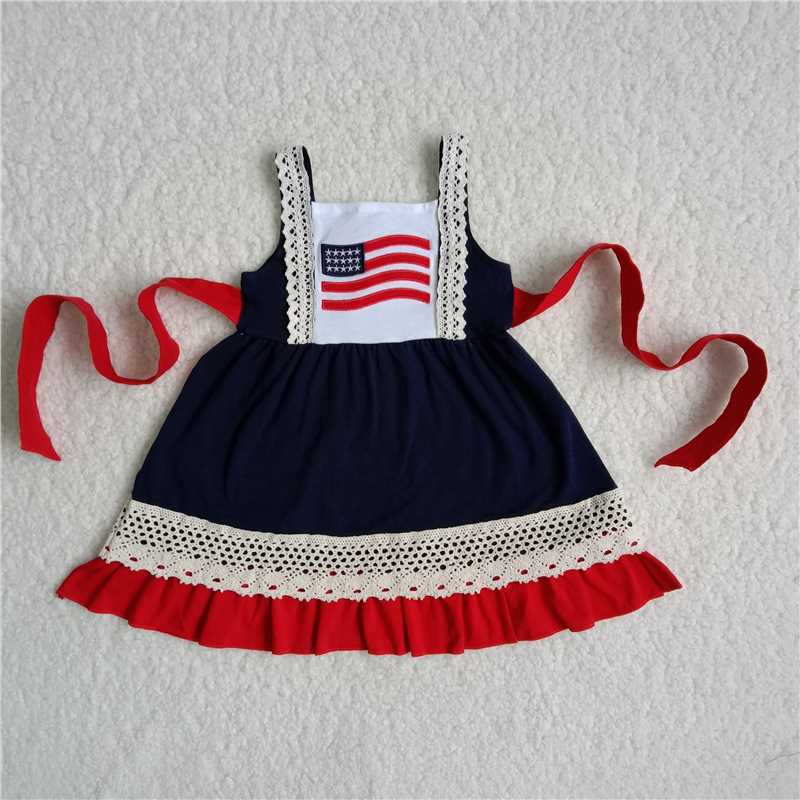 A9-3 Baby Girl Clothes Flag Lace Trim Strap Panel Dress