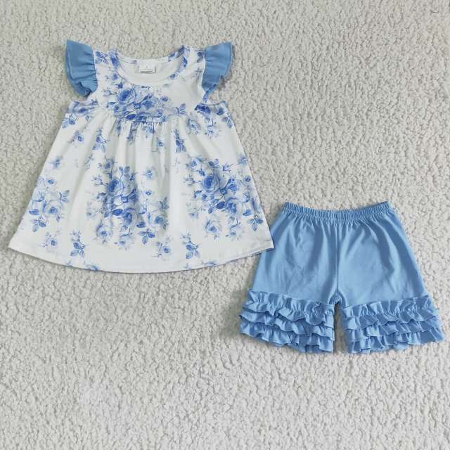 A14-9 Girls Small Flying Sleeve Blue Flower Lace Shorts Suit Children Clothing