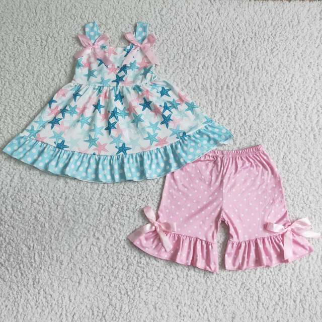 GSSO0058 Bow Blue Star Sling Pink Polka Dot Shorts Set Children Clothing