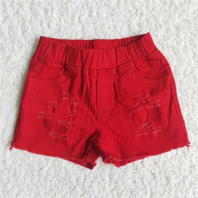 D13-14 Girls Jeans Red Frayed Elastic Denim Shorts