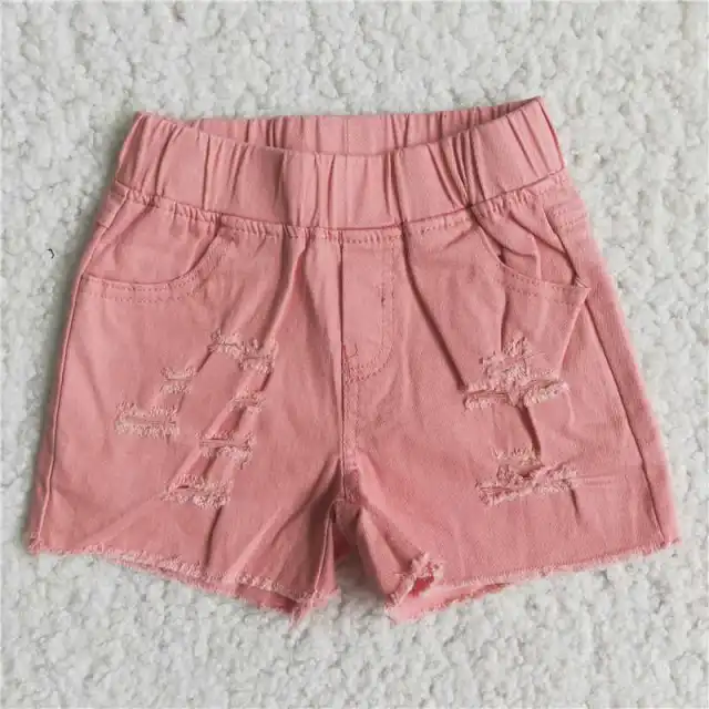 D13-13 Girls Jeans Pink Frayed Elastic Denim Shorts