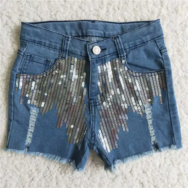 D7-4 Girls Jeans Blue Sequin Denim Shorts