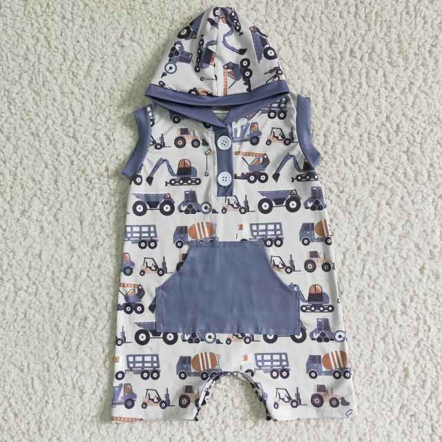 SR0045 Boys Digger Pocket Button Hooded Sleeveless Bodysuit Kids Clothing